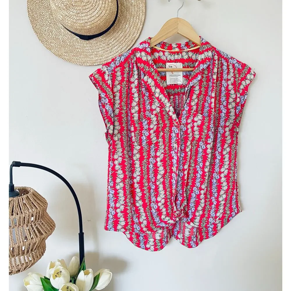 Anthropologie 49 of 52 Conversations Red Floral Colloquial Top - Picture 3 of 6